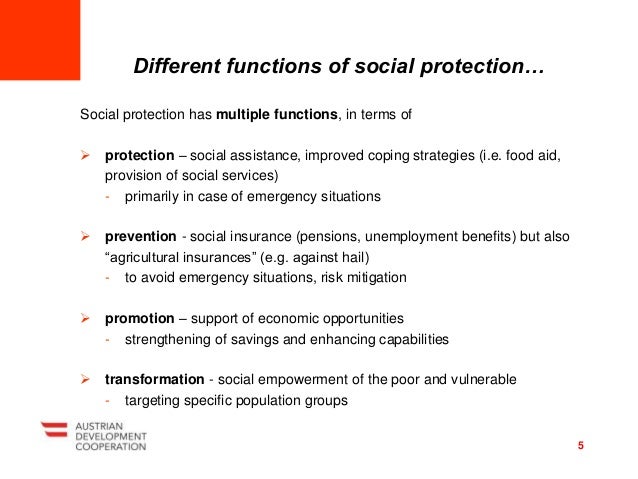 Social protection has multiple functions, in terms of
 protection – social assistance, improved coping strategies (i.e. f...