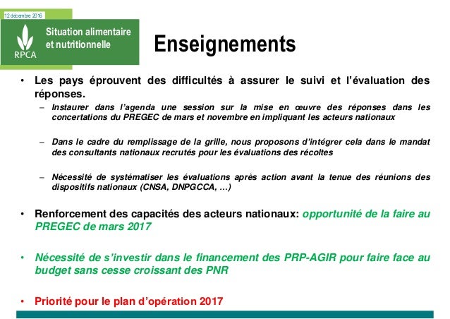 12 décembre 2016
Situation alimentaire
et nutritionnelle Enseignements
• Les pays éprouvent des difficultés à assurer le s...