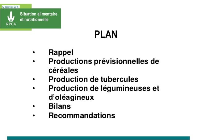 12 décembre 2016
Situation alimentaire
et nutritionnelle
PLAN
• Rappel
• Productions prévisionnelles de
céréales
• Product...