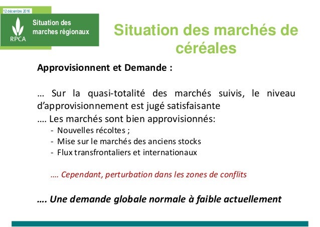 12 décembre 2016
Situation des
marches régionaux Situation des marchés de
céréales
Approvisionnent et Demande :
… Sur la q...