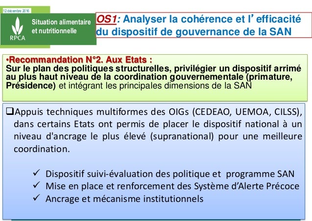 12 décembre 2016
Situation alimentaire
et nutritionnelle
•Recommandation N°2. Aux Etats :
Sur le plan des politiques struc...