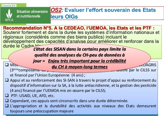 12 décembre 2016
Situation alimentaire
et nutritionnelle
Recommandation N°5. A la CEDEAO, l’UEMOA, les Etats et les PTF :
...