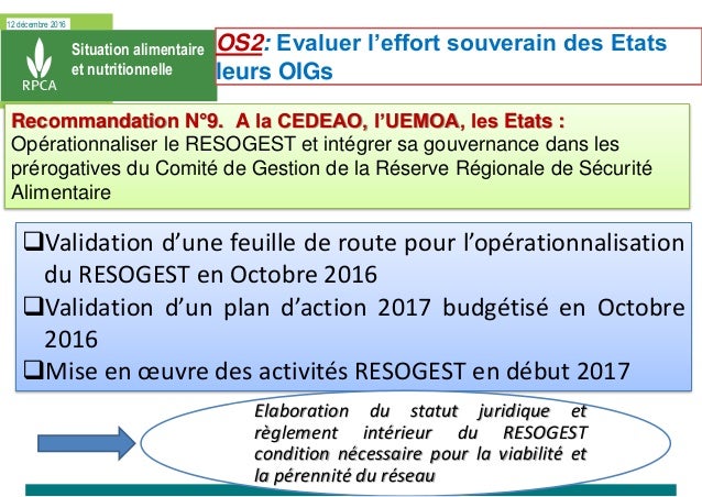 12 décembre 2016
Situation alimentaire
et nutritionnelle
Recommandation N°9. A la CEDEAO, l’UEMOA, les Etats :
Opérationna...