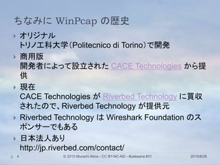 ちなみに WinPcap の歴史
2015/8/28© 2015 Murachi Akira - CC BY-NC-ND - #pakeana #314
 オリジナル
トリノ工科大学（Politecnico di Torino）で開発
 商...