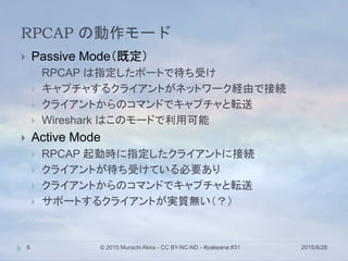 RPCAP の動作モード
2015/8/28© 2015 Murachi Akira - CC BY-NC-ND - #pakeana #316
 Passive Mode（既定）
 RPCAP は指定したポートで待ち受け
 キャプチャす...