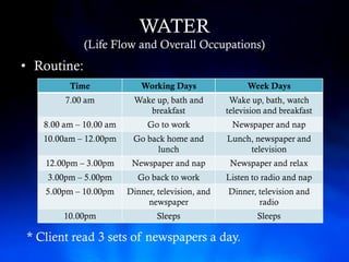WATER
             (Life Flow and Overall Occupations)
• Routine:
         Time              Working Days                 Week Days
        7.00 am          Wake up, bath and         Wake up, bath, watch
                            breakfast             television and breakfast
   8.00 am – 10.00 am        Go to work            Newspaper and nap
   10.00am – 12.00pm     Go back home and         Lunch, newspaper and
                               lunch                   television
   12.00pm – 3.00pm      Newspaper and nap         Newspaper and relax
    3.00pm – 5.00pm        Go back to work        Listen to radio and nap
   5.00pm – 10.00pm     Dinner, television, and   Dinner, television and
                             newspaper                    radio
        10.00pm                 Sleeps                    Sleeps

* Client read 3 sets of newspapers a day.
 