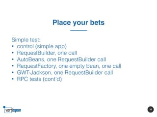 35
Place your bets
Simple test:
• control (simple app)
• RequestBuilder, one call
• AutoBeans, one RequestBuilder call
• R...