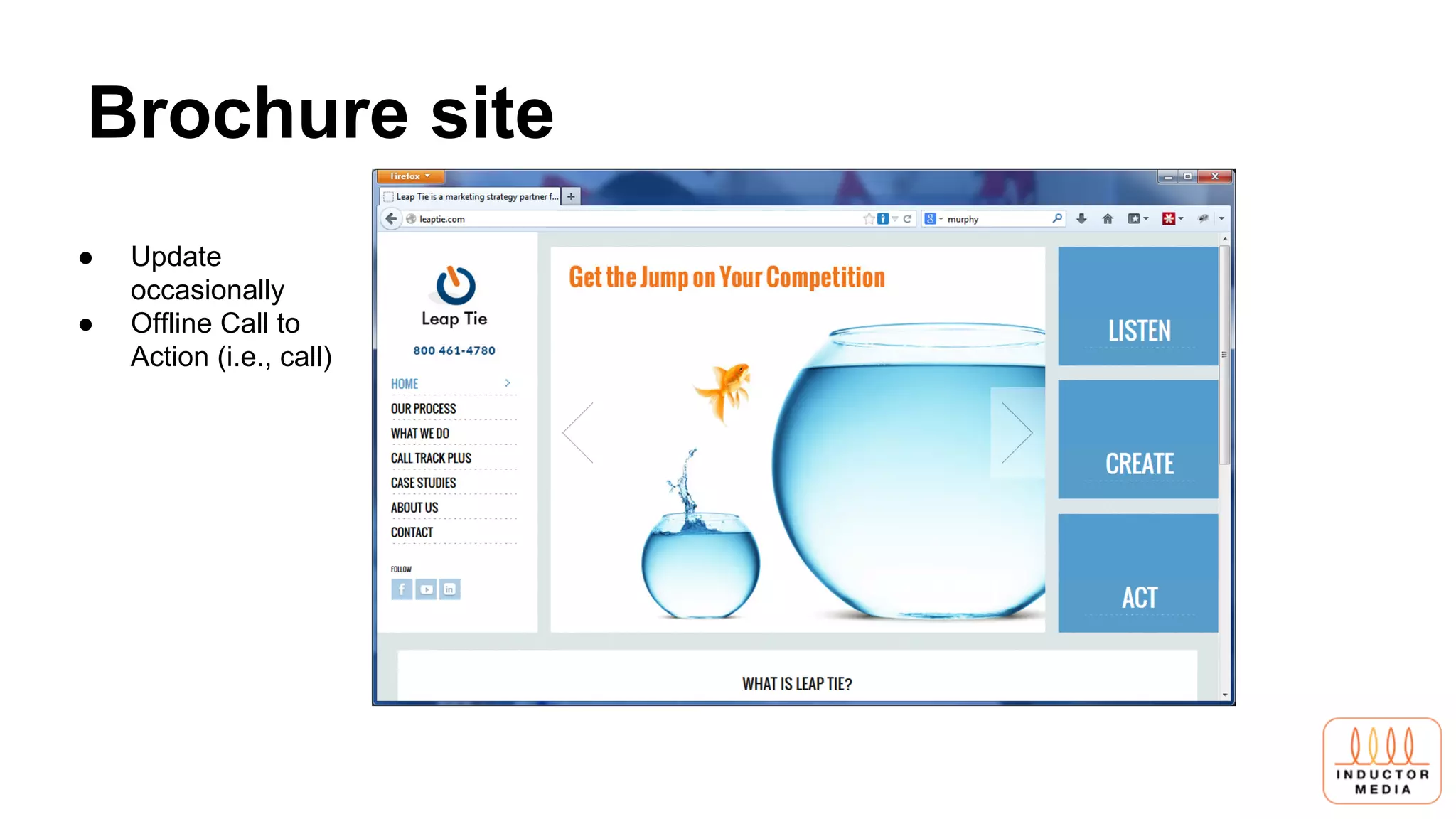 Brochure site
● Update
occasionally
● Offline Call to
Action (i.e., call)
 