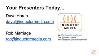 Your Presenters Today...
Dave Horan
dave@inductormedia.com
Rob Marriage
rob@inductormedia.com
W: http://inductormedia.com
Tw: @inductormedia
Fbk: facebook.com/inductormedia
 