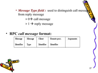 17
• Message Type field : used to distinguish call message
from reply message
» 0 call message
» 1  reply message
• RPC call message format:
 