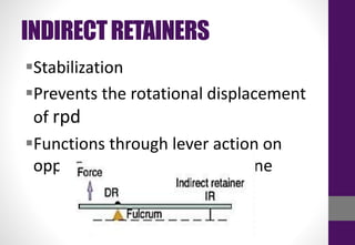 INDIRECTRETAINERS
Stabilization
Prevents the rotational displacement
of rpd
Functions through lever action on
opposite side of the fulcrum line
 