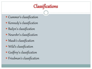 Classifications
 Cummer’s classification
 Kennedy’s classification
 Bailyn’s classification
 Neurohr’s classification
 Mauk’s classification
 Wild’s classification
 Godfrey’s classification
 Friedman’s classification
 