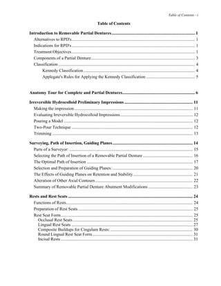 Table of Contents - i
Table of Contents
Introduction to Removable Partial Dentures............................................................................. 1
Alternatives to RPD's.................................................................................................................. 1
Indications for RPD's.................................................................................................................. 1
Treatment Objectives.................................................................................................................. 1
Components of a Partial Denture................................................................................................ 3
Classification .............................................................................................................................. 4
Kennedy Classification....................................................................................................... 4
Applegate's Rules for Applying the Kennedy Classification ............................................. 5
Anatomy Tour for Complete and Partial Dentures................................................................... 6
Irreversible Hydrocolloid Preliminary Impressions ............................................................... 11
Making the impression ............................................................................................................. 11
Evaluating Irreversible Hydrocolloid Impressions................................................................... 12
Pouring a Model ....................................................................................................................... 12
Two-Pour Technique ................................................................................................................ 12
Trimming.................................................................................................................................. 13
Surveying, Path of Insertion, Guiding Planes.......................................................................... 14
Parts of a Surveyor: .................................................................................................................. 15
Selecting the Path of Insertion of a Removable Partial Denture .............................................. 16
The Optimal Path of Insertion .................................................................................................. 17
Selection and Preparation of Guiding Planes: .......................................................................... 20
The Effects of Guiding Planes on Retention and Stability....................................................... 21
Alteration of Other Axial Contours.......................................................................................... 22
Summary of Removable Partial Denture Abutment Modifications ......................................... 23
Rests and Rest Seats ................................................................................................................... 24
Functions of Rests..................................................................................................................... 24
Preparation of Rest Seats.......................................................................................................... 25
Rest Seat Form.......................................................................................................................... 25
Occlusal Rest Seats............................................................................................................... 25
Lingual Rest Seats ................................................................................................................ 27
Composite Buildups for Cingulum Rests: ............................................................................ 30
Round Lingual Rest Seat Form............................................................................................. 31
Incisal Rests.......................................................................................................................... 31
 