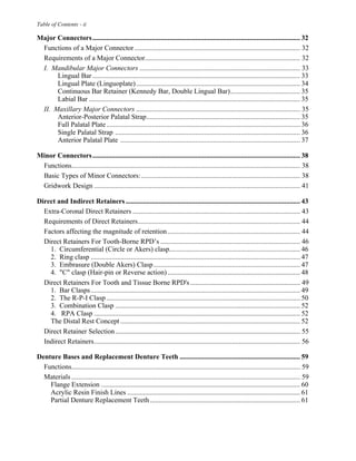 Table of Contents - ii
Major Connectors....................................................................................................................... 32
Functions of a Major Connector............................................................................................... 32
Requirements of a Major Connector......................................................................................... 32
I. Mandibular Major Connectors ............................................................................................ 33
Lingual Bar ....................................................................................................................... 33
Lingual Plate (Linguoplate).............................................................................................. 34
Continuous Bar Retainer (Kennedy Bar, Double Lingual Bar)........................................ 35
Labial Bar ......................................................................................................................... 35
II. Maxillary Major Connectors .............................................................................................. 35
Anterior-Posterior Palatal Strap........................................................................................ 35
Full Palatal Plate............................................................................................................... 36
Single Palatal Strap .......................................................................................................... 36
Anterior Palatal Plate ....................................................................................................... 37
Minor Connectors....................................................................................................................... 38
Functions................................................................................................................................... 38
Basic Types of Minor Connectors:........................................................................................... 38
Gridwork Design ...................................................................................................................... 41
Direct and Indirect Retainers.................................................................................................... 43
Extra-Coronal Direct Retainers ................................................................................................ 43
Requirements of Direct Retainers............................................................................................. 44
Factors affecting the magnitude of retention............................................................................ 44
Direct Retainers For Tooth-Borne RPD’s ................................................................................ 46
1. Circumferential (Circle or Akers) clasp........................................................................... 46
2. Ring clasp ........................................................................................................................ 47
3. Embrasure (Double Akers) Clasp.................................................................................... 47
4. "C" clasp (Hair-pin or Reverse action)............................................................................ 48
Direct Retainers For Tooth and Tissue Borne RPD's............................................................... 49
1. Bar Clasps........................................................................................................................ 49
2. The R-P-I Clasp ............................................................................................................... 50
3. Combination Clasp .......................................................................................................... 52
4. RPA Clasp ...................................................................................................................... 52
The Distal Rest Concept ....................................................................................................... 52
Direct Retainer Selection.......................................................................................................... 55
Indirect Retainers...................................................................................................................... 56
Denture Bases and Replacement Denture Teeth ..................................................................... 59
Functions................................................................................................................................... 59
Materials ................................................................................................................................... 59
Flange Extension .................................................................................................................. 60
Acrylic Resin Finish Lines ................................................................................................... 61
Partial Denture Replacement Teeth...................................................................................... 61
 