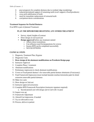 Table of Contents - 2
4. poor prognosis for complete dentures due to residual ridge morphology
5. reduced periodontal support of remaining teeth (won't support a fixed prosthesis)
6. cross-arch stabilization of teeth
7. need for immediate replacement of extracted teeth
8. cost/patient desire considerations
Treatment Sequence for Partial Dentures
If an RPD is part of planned Treatment:
PLAN THE RPD BEFORE BEGINNING ANY OTHER TREATMENT
• Survey, tripod, heights of contour
• Draw design on surveyed cast
• Design approved before any treatment started:
o Affects direct restorations
o Can influence need for/preparations for crowns
o Insures RPD can be completed successfully
o NO EXCEPTIONS
CLINICAL STEPS
1. Diagnosis, Treatment Plan, Hygiene
2. Diagnostic Casts
3. Draw design & list abutment modifications on Prosthesis Design page
4. Instructor Approval
5. Complete Phase 1 treatment
6. Abutment modifications
7. Preliminary impression to check abutment modifications
8. Crown or Fixed partial denture’s for removable partial denture abutments (if necessary)
9. Final Framework Impression (must include hamular notches/retromolar pads for distal
extension removable partial dentures
10. Make two casts
11. Draw design on 2nd cast
12. Instructor approval/corrections
13. Complete RPD Framework Prescription (instructor signature required)
a. Second poured cast with design sent to Lab with 1st pour
14. Inspect wax-up
15. Framework Adjustment
16. Altered Cast impression, if needed
17. Try-in with teeth in wax
18. Process, deliver to patient
 