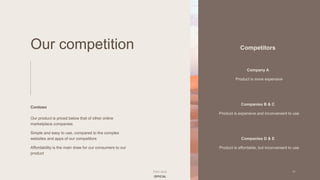 OFFICIAL
Our competition
Contoso
Our product is priced below that of other online
marketplace companies
Simple and easy to use, compared to the complex
websites and apps of our competitors
Affordability is the main draw for our consumers to our
product
Competitors
Company A
Product is more expensive
Companies B & C
Product is expensive and inconvenient to use
Companies D & E
Product is affordable, but inconvenient to use
Pitch deck 11
 