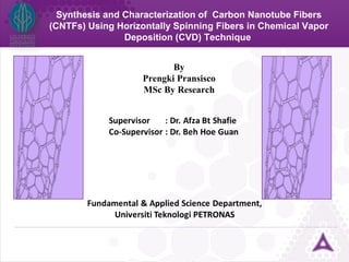 Synthesis and Characterization of Carbon Nanotube Fibers
(CNTFs) Using Horizontally Spinning Fibers in Chemical Vapor
Deposition (CVD) Technique
By
Prengki Pransisco
MSc By Research
 