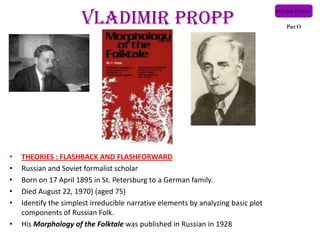 Vladimir Propp                                               Part O




•   THEORIES : FLASHBACK AND FLASHFORWARD
•   Russian and Soviet formalist scholar
•   Born on 17 April 1895 in St. Petersburg to a German family.
•   Died August 22, 1970) (aged 75)
•   Identify the simplest irreducible narrative elements by analyzing basic plot
    components of Russian Folk.
•   His Morphology of the Folktale was published in Russian in 1928
 