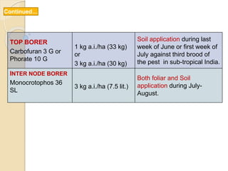 TOP BORER
Carbofuran 3 G or
Phorate 10 G
1 kg a.i./ha (33 kg)
or
3 kg a.i./ha (30 kg)
Soil application during last
week of June or first week of
July against third brood of
the pest in sub-tropical India.
INTER NODE BORER
Monocrotophos 36
SL
3 kg a.i./ha (7.5 lit.)
Both foliar and Soil
application during July-
August.
Continued…
 