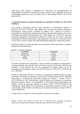 18
18
Além disso, cabe registrar a importância da nutricionista no acompanhamento da
aceitabilidade da merenda da escolar pelos alunos, inclusive, com a aplicação de testes de
aceitabilidade, quando for o caso, nos termos do art. 17 da Resolução FNDE nº 26, de 17 de
junho de 2013.
##/Fato##
7. Superfaturamento de produtos adquiridos da Agricultura Familiar no valor de R$
198.948,36.
Com relação à Agricultura Familiar, foram analisados os Chamamentos Públicos nº
001/2014, 001/2015 e 001/2016, cujos objetos são a aquisição de gêneros alimentícios:
hortifrutículas, origem animal e produtos de padaria, com o objetivo de verificar a
regularidade da contratação de aquisições de alimentos da agricultura familiar com recursos
do Programa Nacional de Alimentação Escolar – Pnae. Quanto ao C.P. 001/2014, não foram
encontrados pagamentos relevantes para o período em exame. Por essa razão, a análise foi
concentrada nos demais chamamentos, cujos pagamentos ocorreram nos exercícios de 2015
e 2016. Para o exercício vigente, não foram identificados pagamentos à agricultura familiar.
Para fins de análise dos preços praticados nas contratações, foram selecionados os seguintes
produtos de cada chamamento:
Quadro – Produtos analisados
C.P 001/2015 C.P. 001/2016
Batata Doce Cebola
Cará São Tomé Cebolinha
Melão Chuchu
Melancia Coentro
- Melancia
Na análise realizada foram comparados os preços contidos nos respectivos chamamentos e
os preços praticados pelo mercado, tendo como base os preços dos produtos ofertados pela
Ceasa/PE. A data utilizada para fins da comparação foi aquela contida no ato de
homologação do chamamento, sendo o dia 28/4/2015 para o C.P. 001/2015 e 2/8/2016 para
o C.P. 001/2016.
Quanto ao Chamamento 001/2015, verificou-se a existência de superfaturamento em todos
os produtos selecionados, totalizando o valor de R$ 179.354,48, sendo que R$ 109.446,08
foram pagos à Associação de Cooperação Agrícola do Nordeste – Acanor, CNPJ nº
16.937.263/0001-61, R$ 35.969,90 para a Rede Produtiva de Avicultores da Agricultura
Familiar de Caruaru, CNPJ nº 21.930.104/0001-75, R$ 22.905,70 para a Rede Produtiva de
Caprino e Ovino da Agricultura Familiar de Caruaru, CNPJ nº 21.929.753/0001-56, R$
7.980,00 para a Rede Produtiva de Fruticultores da Agricultura Familiar de Caruaru e R$
3.052,80 para a Rede Produtiva de Hortaliças da Agricultura Familiar de Caruaru, CNPJ nº
22.283.705/0001-04.
A seguir, tem-se o resumo dos valores apurados nos processos em análise:
Tabela - Resumo das análises de preço da C.P. 001/2015 para aquisição de gêneros
alimentícios da agricultura familiar realizados pela Prefeitura de Caruaru/PE
 