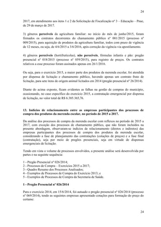 24
24
2017, em atendimento aos itens 1 e 2 da Solicitação de Fiscalização nº 3 – Educação – Pnae,
de 29 de março de 2017.
3) gêneros perecíveis da agricultura familiar: no início do mês de junho/2015, foram
firmados os contratos decorrentes do chamamento público nº 001/2015 (processo nº
009/2015), para aquisição de produtos da agricultura familiar, todos com prazo de vigência
de 12 meses, ou seja, de 4/6/2015 a 3/6/2016, após correção da vigência via apostilamento.
4) gêneros perecíveis (hortifrutícolas), não perecíveis, fórmulas infantis e pão: pregão
presencial nº 018/2015 (processo nº 059/2015), para registro de preços. Os contratos
relativos a esse processo foram assinados apenas em 26/1/2016.
Ou seja, para o exercício 2015, a maior parte dos produtos da merenda escolar, foi atendida
por dispensa de licitação e chamamento público, havendo apenas um contrato fruto de
licitação, para sete itens de origem animal licitados em 2014 (pregão presencial nº 26/2014).
Diante do acima exposto, ficam evidentes as falhas na gestão de compras do município,
ocasionando, no caso específico do exercício 2015, a contratação emergencial por dispensa
de licitação, no valor total de R$ 6.385.365,76.
##/Fato##
13. Indícios de relacionamento entre as empresas participantes dos processos de
compra dos produtos da merenda escolar, no período de 2015 a 2017.
Da análise dos processos de compra da merenda escolar com reflexos no período de 2015 a
2017, com exceção dos processos de chamamento público, que não foram incluídos na
presente abordagem, observaram-se indícios de relacionamento (diretos e indiretos) das
empresas participantes dos processos de compra dos produtos da merenda escolar,
considerando a fase de planejamento das contratações (cotações de preços) e a fase final
(contratação), seja por meio de pregões presenciais, seja em virtude de dispensas
emergenciais de licitação.
Tendo em vista o volume de processos envolvidos, a presente análise será desenvolvida por
partes e na seguinte sequência:
1 - Pregão Presencial nº 026/2014;
2 - Processos de Compra – Exercícios 2015 a 2017;
3 - Quadro Resumo dos Processos Analisados;
4 - Exemplos de Processos de Compra do Exercício 2013; e
5 - Exemplos de Processos de Compra da Secretaria de Saúde.
1 - Pregão Presencial nº 026/2014
Para o exercício 2014, em 15/6/2014, foi autuado o pregão presencial nº 026/2014 (processo
nº 069/2014), tendo as seguintes empresas apresentado cotações para formação do preço do
certame:
 