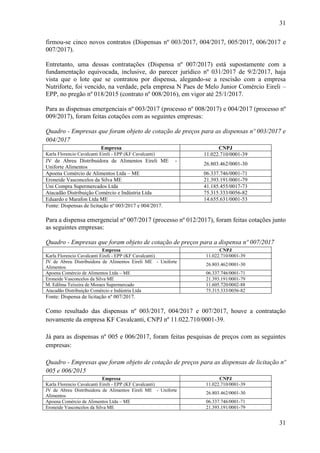 31
31
firmou-se cinco novos contratos (Dispensas nº 003/2017, 004/2017, 005/2017, 006/2017 e
007/2017).
Entretanto, uma dessas contratações (Dispensa nº 007/2017) está supostamente com a
fundamentação equivocada, inclusive, do parecer jurídico nº 031/2017 de 9/2/2017, haja
vista que o lote que se contratou por dispensa, alegando-se a rescisão com a empresa
Nutriforte, foi vencido, na verdade, pela empresa N Paes de Melo Junior Comércio Eireli –
EPP, no pregão nº 018/2015 (contrato nº 008/2016), em vigor até 25/1/2017.
Para as dispensas emergenciais nº 003/2017 (processo nº 008/2017) e 004/2017 (processo nº
009/2017), foram feitas cotações com as seguintes empresas:
Quadro - Empresas que foram objeto de cotação de preços para as dispensas nº 003/2017 e
004/2017
Empresa CNPJ
Karla Florencio Cavalcanti Eireli - EPP (KF Cavalcanti) 11.022.710/0001-39
JV de Abreu Distribuidora de Alimentos Eireli ME -
Uniforte Alimentos
26.803.462/0001-30
Apoena Comércio de Alimentos Ltda – ME 06.337.746/0001-71
Eroneide Vasconcelos da Silva ME 21.393.191/0001-79
Uni Compra Supermercados Ltda 41.185.455/0017-73
Atacadão Distribuição Comércio e Indústria Ltda 75.315.333/0056-82
Eduardo e Marafon Ltda ME 14.655.631/0001-53
Fonte: Dispensas de licitação nº 003/2017 e 004/2017.
Para a dispensa emergencial nº 007/2017 (processo nº 012/2017), foram feitas cotações junto
as seguintes empresas:
Quadro - Empresas que foram objeto de cotação de preços para a dispensa nº 007/2017
Empresa CNPJ
Karla Florencio Cavalcanti Eireli - EPP (KF Cavalcanti) 11.022.710/0001-39
JV de Abreu Distribuidora de Alimentos Eireli ME - Uniforte
Alimentos
26.803.462/0001-30
Apoena Comércio de Alimentos Ltda – ME 06.337.746/0001-71
Eroneide Vasconcelos da Silva ME 21.393.191/0001-79
M. Edilma Teixeira de Moraes Supermercado 11.605.720/0002-88
Atacadão Distribuição Comércio e Indústria Ltda 75.315.333/0056-82
Fonte: Dispensa de licitação nº 007/2017.
Como resultado das dispensas nº 003/2017, 004/2017 e 007/2017, houve a contratação
novamente da empresa KF Cavalcanti, CNPJ nº 11.022.710/0001-39.
Já para as dispensas nº 005 e 006/2017, foram feitas pesquisas de preços com as seguintes
empresas:
Quadro - Empresas que foram objeto de cotação de preços para as dispensas de licitação nº
005 e 006/2015
Empresa CNPJ
Karla Florencio Cavalcanti Eireli - EPP (KF Cavalcanti) 11.022.710/0001-39
JV de Abreu Distribuidora de Alimentos Eireli ME - Uniforte
Alimentos
26.803.462/0001-30
Apoena Comércio de Alimentos Ltda – ME 06.337.746/0001-71
Eroneide Vasconcelos da Silva ME 21.393.191/0001-79
 