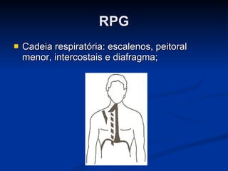 RPG Cadeia respiratória: escalenos, peitoral menor, intercostais e diafragma; 