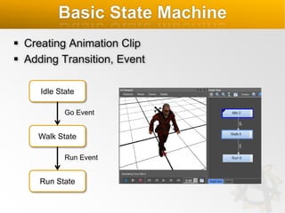 Basic State Machine
 Creating Animation Clip
 Adding Transition, Event
Idle State
Go Event

Walk State
Run Event

Run State

 