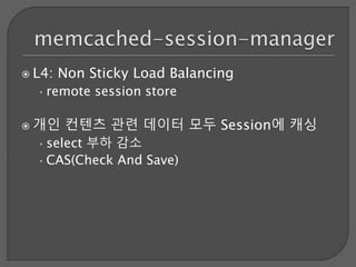  L4: Non Sticky Load Balancing
•remote session store
 개인 컨텐츠 관련 데이터 모두 Session에 캐싱
•select 부하 감소
•CAS(Check And Save)
 
