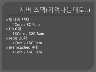  웹서버 35대
•4Core / 8G Ram
 DB 6대
•16Core / 32G Ram
 redis 20대
•4Core / 16G Ram
 memcached 4대
•4Core / 16G Ram
 