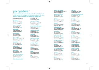 Beppe e i suoi formaggi              Casa Bleve
      per quartiere *                                                                         Via Santa Maria del Pianto, 9/a-11
                                                                                              06/68192210 pag 11 En
                                                                                                                                   Via del Teatro Valle, 48/49
                                                                                                                                   06/6865970 pag 12 En
      * categorie: enoteche (En), gastronomie (Ga), panifici (Pn), pastifici (Ps), macelle-
      rie (Ma), pescherie (Pe), formaggerie (Fo), pasticcerie (Pa), gelaterie (Ge), ciocco-   Bibenda Wine Concept                 Chocolat - Cioccolatini d'Autore
                                                                                              Via Capo d'Africa, 21                Via del Teatro Valle, 54
      laterie (Ci), teerie (Te), torrefazioni (To), utensilerie (Ut), bio&equo (B&E)          06/77206673 pag 12 En                06/68135545 pag 52 Ci
      CENTRO STORICO                                Via di Ripetta, 236                       Biblioteq                            Chocolate
                                                    06/3612269 pag 34 Ma                      Via dei Banchi Vecchi, 124           Via del Gambero, 6
      AbraCalabria                                                                            06/45433114 pag 57 Te                06/69921274 pag 52 Ci
      Via Celimontana, 20/a-b                       Antica Norcineria Viola
      06/64821534 pag 10 En                         Piazza di Campo de' Fiori, 43             Boccione                             Cinque Lune
                                                    06/68806114 pag 20 Ga                     Via del Portico d'Ottavia, 1         Corso Rinascimento, 89
      Achilli al Parlamento                                                                   06/6878637 pag 40 Pa                 06/68801005 pag 41 Pa
      Via dei Prefetti, 15                          Antica Pasticceria Bernasconi
      06/6873446 pag 10 En                          Piazza B. Cairoli, 16                     Bodum Roma Store                     Ciuri Ciuri
                                                    06/68806264 pag 40 Pa                     Via di Campo Marzio, 46/a-b          Largo del Teatro Valle, 1/2
      Ai Monasteri                                                                            06/68801320 pag 61 Ut                06/98262284 pag 42 Pa
      Corso Rinascimento, 72                        Antico Caffè del Brasile
      06/68802783 pag 52 Ci                         Via dei Serpenti, 23                      Boschetto Tre                        Ciuri Ciuri
                                                    06/4882319 pag 59 To                      Via del Boschetto, 3                 Via Labicana, 126/128
      Al Vino al Vino                                                                         06/48906922 pag 61 Ut                06/45424856 pag 42 Pa
      Via dei Serpenti, 19                          Antico Forno
      06/485803 pag 10 En                           Via delle Muratte, 8                      Bottega "Pio La Torre"               Ciuri Ciuri
                                                    06/6792866 pag 30 Pn                      Via dei Prefetti, 23                 Via Leonina, 18/20
      Albero del Pane                                                                         06/69925262 pag 68 B&E               06/45444548 pag 41 Pa
      Via Santa Maria del Pianto, 19                Antico Forno del Ghetto
      06/6865016 pag 68 B&E                         Piazza Costaguti, 30                      Bottega Domus Aequa                  Cosas Preziosas
                                                    06/68803012 pag 30 Pn                     Via di Sant'Eufemia, 9               Via Giulia, 195/a
      Alberto Pica                                                                            06/69797544 pag 69 B&E               06/6867762 pag 20 Ga
      Via della Seggiola, 12                        Antico Forno Roscioli
      06/ 6868405 pag 45 Ge                         Via dei Chiavari, 34                      Buccianti                            Cremeria Monteforte
                                                    06/6864045 pag 30 Pn                      Via Giustiniani, 18/a                Via della Rotonda, 22
      Angelo Feroci                                                                           06/6896670 pag 46 Ge                 06/6867720 pag 46 Ge
      Via della Maddalena, 15                       Archivia
      06/68307030 pag 34 Ma                         Via del Boschetto, 23                     C.A.C.S. Antica Norcineria           Cristalli di Zucchero
                                                    06/4741503 pag 60 Ut                      Via della Scrofa, 100                Via San Teodoro, 88
      Angolo Divino                                                                           06/68801074 pag 35 Ma                06/69920945 pag 42 Pa
      Via dei Balestrari, 12/14                     Bagagli
      06/6864413 pag 11 En                          Via di Campo Marzio, 42                   C.U.C.I.N.A.                         D Cube
                                                    06/6871406 pag 60 Ut                      Via Mario de' Fiori, 65              Via de' Crociferi, 42
      Antica Erboristeria Romana                                                              06/6791275 pag 62 Ut                 06/69200911 pag 63 Ut
      Via di Torre Argentina, 15                    BBK
      06/6879493 pag 56 Te                          Via della Frezza, 60                      Cambi                                D Cube
                                                    06/3244259 pag 61 Ut                      Via del Leoncino, 30                 Via della Pace, 38
      Antica Macelleria Annibale                                                              06/6878081 pag 20 Ga                 06/6861218 pag 62 Ut



372                                                                                                                                                                   373
 