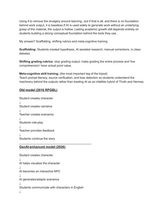 Using it to remove the drudgery around learning...but if that is all, and there is no foundation
behind work output, it is baseless.If AI is used solely to generate work without an underlying
grasp of the material, the output is hollow. Lasting academic growth still depends entirely on
students building a strong conceptual foundation behind the tools they use.
My answer? Scaffolding, shifting rubrics and meta-cognitive training.
Scaffolding: Students created hypothesis, AI assisted research, manual corrections, in class
debates
Shifting grading rubrics: stop grading output, make grading the entire process and 'live
comprehension' have actual point value.
Meta-cognitive skill training: (the most important leg of the tripod)
Teach prompt literacy, source verification, and bias detection so students understand the
machinery behind the outputs rather than treating AI as an infalible hybrid of Thoth and Hermes.
Old model (2016 RPGBL)
Student creates character
↓
Student creates narrative
↓
Teacher creates scenarios
↓
Students role-play
↓
Teacher provides feedback
↓
Students continue the story
____________________________________________
GenAI-enhanced model (2026)
Student creates character
↓
AI helps visualize the character
↓
AI becomes an interactive NPC
↓
AI generates/adapts scenarios
↓
Students communicate with characters in English
↓
 