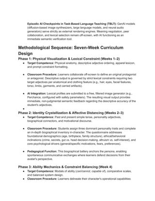 Episodic AI Checkpoints in Task-Based Language Teaching (TBLT): GenAI models
(diffusion-based image synthesizers, large language models, and neural audio
generators) serve strictly as external rendering engines. Meaning negotiation, peer
collaboration, and lexical selection remain off-screen, with AI functioning as an
immediate semantic verification tool.
Methodological Sequence: Seven-Week Curriculum
Design
Phase 1: Physical Visualization & Lexical Constraint (Weeks 1–2)
●​ Target Competence: Physical anatomy, descriptive adjective ordering, apparel lexicon,
and prompt constraint formatting.
●​ Classroom Procedure: Learners collaborate off-screen to define an original protagonist
or antagonist. Descriptive output is governed by strict lexical constraints requiring two
target adjectives per anatomical and clothing feature (e.g., hair, eyes, facial features,
torso, limbs, garments, and carried artifacts).
●​ AI Integration: Lexical profiles are submitted to a free, filtered image generator (e.g.,
Perchance, configured with safety parameters). The resulting visual output provides
immediate, non-judgmental semantic feedback regarding the descriptive accuracy of the
student's adjectives.
●​
Phase 2: Identity Crystallization & Affective Distancing (Weeks 2–3)
●​ Target Competence: Past and present simple tense, personality adjectives,
biographical connectors, and motivational discourse.
●​ Classroom Procedure: Students assign three dominant personality traits and complete
an in-depth biographical inventory in-character. The questionnaire addresses
foundational demographics (age, birthplace, family structure), ethical/behavioral
inclinations (crime, secrets, gut vs. head decision-making, altruism vs. self-interest), and
core psychological drivers (general/specific motivations, fears, preferences).
●​ Pedagogical Function: This biographical battery anchors the persona, enabling
spontaneous communicative exchanges where learners defend decisions from their
avatar's perspective.
Phase 3: Ability Mechanics & Constraint Balancing (Week 4)
●​ Target Competence: Modals of ability (can/cannot, capable of), comparative scales,
and balanced system design.
●​ Classroom Procedure: Learners delineate their character's operational capabilities
 