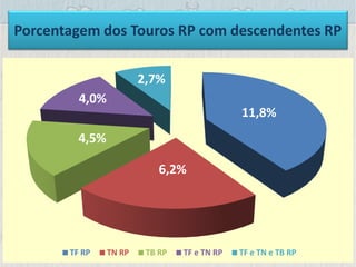 Porcentagem dos Touros RP com descendentes RP
11,8%
6,2%
4,5%
4,0%
2,7%
TF RP TN RP TB RP TF e TN RP TF e TN e TB RP
 