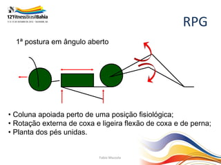 RPG
  1ª postura em ângulo aberto




• Coluna apoiada perto de uma posição fisiológica;
• Rotação externa de coxa e ligeira flexão de coxa e de perna;
• Planta dos pés unidas.


                           Fabio Mazzola
 