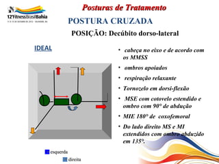 Posturas de Tratamento
            POSTURA CRUZADA
                POSIÇÃO: Decúbito dorso-lateral

IDEAL                           • cabeça no eixo e de acordo com
                                  os MMSS
                                • ombros apoiados
                                • respiração relaxante
                                • Tornozelo em dorsi-flexão
                                • MSE com cotovelo estendido e
                                  ombro com 90° de abdução
                                • MIE 180° de coxofemoral
                                • Do lado direito MS e MI
                                  extendidos com ombro abduzido
                                  em 135°.
   = esquerda
           = direita
 