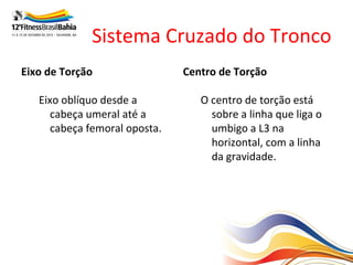 Sistema Cruzado do Tronco
Eixo de Torção                 Centro de Torção

   Eixo oblíquo desde a           O centro de torção está
      cabeça umeral até a           sobre a linha que liga o
      cabeça femoral oposta.        umbigo a L3 na
                                    horizontal, com a linha
                                    da gravidade.
 