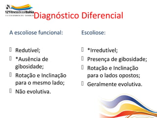 Diagnóstico Diferencial
A escoliose funcional:   Escoliose:

 Redutível;              *Irredutível;
 *Ausência de            Presença de gibosidade;
  gibosidade;             Rotação e Inclinação
 Rotação e Inclinação     para o lados opostos;
  para o mesmo lado;      Geralmente evolutiva.
 Não evolutiva.
 