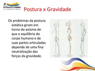 Postura x Gravidade
Os problemas da postura
  estática giram em
  torno do axioma de
  que o equilíbrio do
  corpo humano e de
  suas partes articuladas
  depende de uma fina
  neutralização das
  forças da gravidade.
 