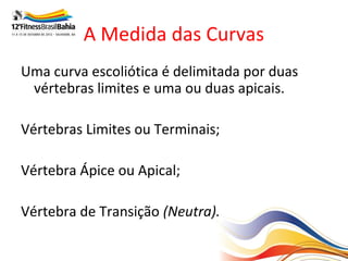 A Medida das Curvas
Uma curva escoliótica é delimitada por duas
 vértebras limites e uma ou duas apicais.

Vértebras Limites ou Terminais;

Vértebra Ápice ou Apical;

Vértebra de Transição (Neutra).
 