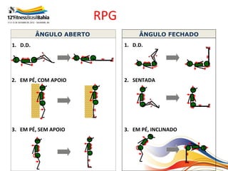 RPG
          ÂNGULO ABERTO              ÂNGULO FECHADO
1. D.D.                         1. D.D.




2. EM PÉ, COM APOIO             2. SENTADA




3. EM PÉ, SEM APOIO             3. EM PÉ, INCLINADO
 