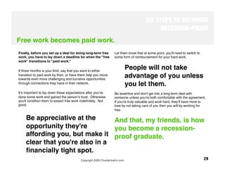 SIX STEPS TO BECOMING
                                                                                            RECESSION-PROOF
Free work becomes paid work.
Finally, before you set up a deal for doing long-term free       Let them know that at some point, you'll need to switch to
work, you have to lay down a deadline for when the "free         some form of reimbursement for your hard work. 
work" transitions to "paid work." 

If three months is your limit, say that you want to either
                                                                        People will not take
transition to paid work by then, or have them help you move
towards even more challenging and lucrative opportunities
                                                                        advantage of you unless
through connections they have in their network. 
                                                                        you let them. 
It's important to lay down these expectations after youʼve       Be assertive and don't get into a long-term deal with
done some work and gained the personʼs trust. Otherwise          someone unless you're both comfortable with the agreement.
you'll condition them to expect free work indeﬁnitely. Not       If you're truly valuable and work hard, theyʼll have more to
good. 
                                                          lose by not taking care of you then you will by working for
                                                                 free.
                                                                  
     Be appreciative at the      And that, my friends, is how
     opportunity they're         you become a recession-
     affording you, but make it proof graduate.
     clear that you're also in a
     ﬁnancially tight spot. 
                                         Copyright 2009 CharlieHoehn.com
                                                     29
 