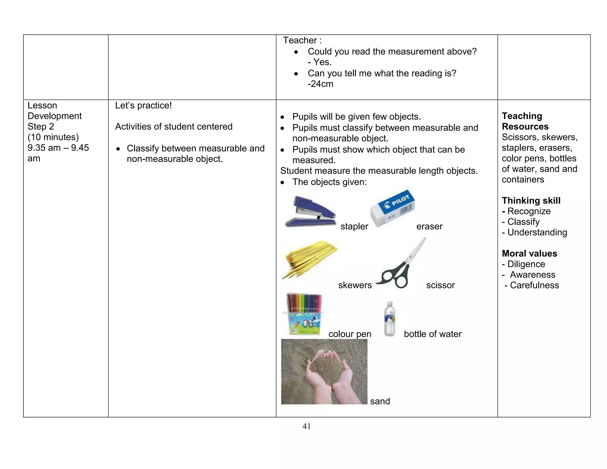 41
Teacher :
Could you read the measurement above?
- Yes.
Can you tell me what the reading is?
-24cm
Lesson
Development
Step 2
(10 minutes)
9.35 am – 9.45
am
Let’s practice!
Activities of student centered
Classify between measurable and
non-measurable object.
Pupils will be given few objects.
Pupils must classify between measurable and
non-measurable object.
Pupils must show which object that can be
measured.
Student measure the measurable length objects.
The objects given:
stapler eraser
skewers scissor
colour pen bottle of water
sand
Teaching
Resources
Scissors, skewers,
staplers, erasers,
color pens, bottles
of water, sand and
containers
Thinking skill
- Recognize
- Classify
- Understanding
Moral values
- Diligence
- Awareness
- Carefulness
 