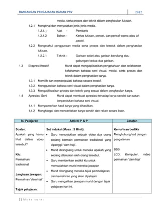 RANCANGAN PENGAJARAN HARIAN PSV                                                                   2012

                                      media, serta proses dan teknik dalam penghasilan lukisan.
             1.2.1   Mengenai dan menyatakan jenis-jenis media.
                     1.2.1.1          Alat    -        Pembaris
                     1.2.1.2          Bahan -          Kertas lukisan, pensel, dan pensel warna atau oil
                                                       pastel.
             1.2.2   Mengetahui penggunaan media serta proses dan tekniuk dalam penghasilan
                     lukisan.
                     1.2.2.1          Teknik -         Garisan selari atau garisan bersilang atau
                                                       gabungan kedua-dua garisan.
   1.3       Ekspresi Kreatif                Murid dapat mengaplikasikan pengetahuan dan kefahaman
                                             kefahaman bahasa seni visual, media, serta proses dan
                                             teknik dalam penghasilan karya.
             1.3.1   Memilih dan memanipulasi bahasa secara kreatif.
             1.3.2   Menggunakan bahasa seni visual dalam penghasilan karya.
             1.3.3   Mengaplikasikan proses dan teknik yang sesuai dalam penghasilan karya.
   1.4       Apresiasi Seni           Murid dapat membuat apresiasi tehadap karya sendiri dan rakan
                                      berpandukan bahasa seni visual.
             1.4.1   Mempamerkan hasil karya yang dihasilkan.
             1.4.2   Menghargai dan menceritakan karya sendiri dan rakan secara lisan.


        Isi Pelajaran                             Aktiviti P & P                              Catatan

Soalan:                      Set Induksi (Masa : 5 Minit)                           Kemahiran berfikir
Apakah yang kamu •               Guru menunjukkan sebuah video dua orang Menghubung kait dengan
lihat     dalam      video       sedang bermain permainan tradisional yang pengalaman
tersebut?                        dipanggil ‘dam haji’.
                             •   Murid dirangsang untuk meneka apakah yang          BBB
Klu:                             sedang dilakukan oleh orang tersebut.              LCD,     Komputer,      video
Permainan                    •   Guru memberikan sedikit klu untuk                  permainan ‘dam haji’
tradisional                      memudahkan murid meneka jawapan
                             •   Murid dirangsang meneka tajuk pembelajaran
Jangkaan jawapan:
                                 dan kemahiran yang akan dipelajari.
Permainan ‘dam haji’
                             •   Guru mengaitkan jawapan murid dengan tajuk
                                 pelajaran hari ini.
Tajuk pelajaran:


   2|Muka surat
 