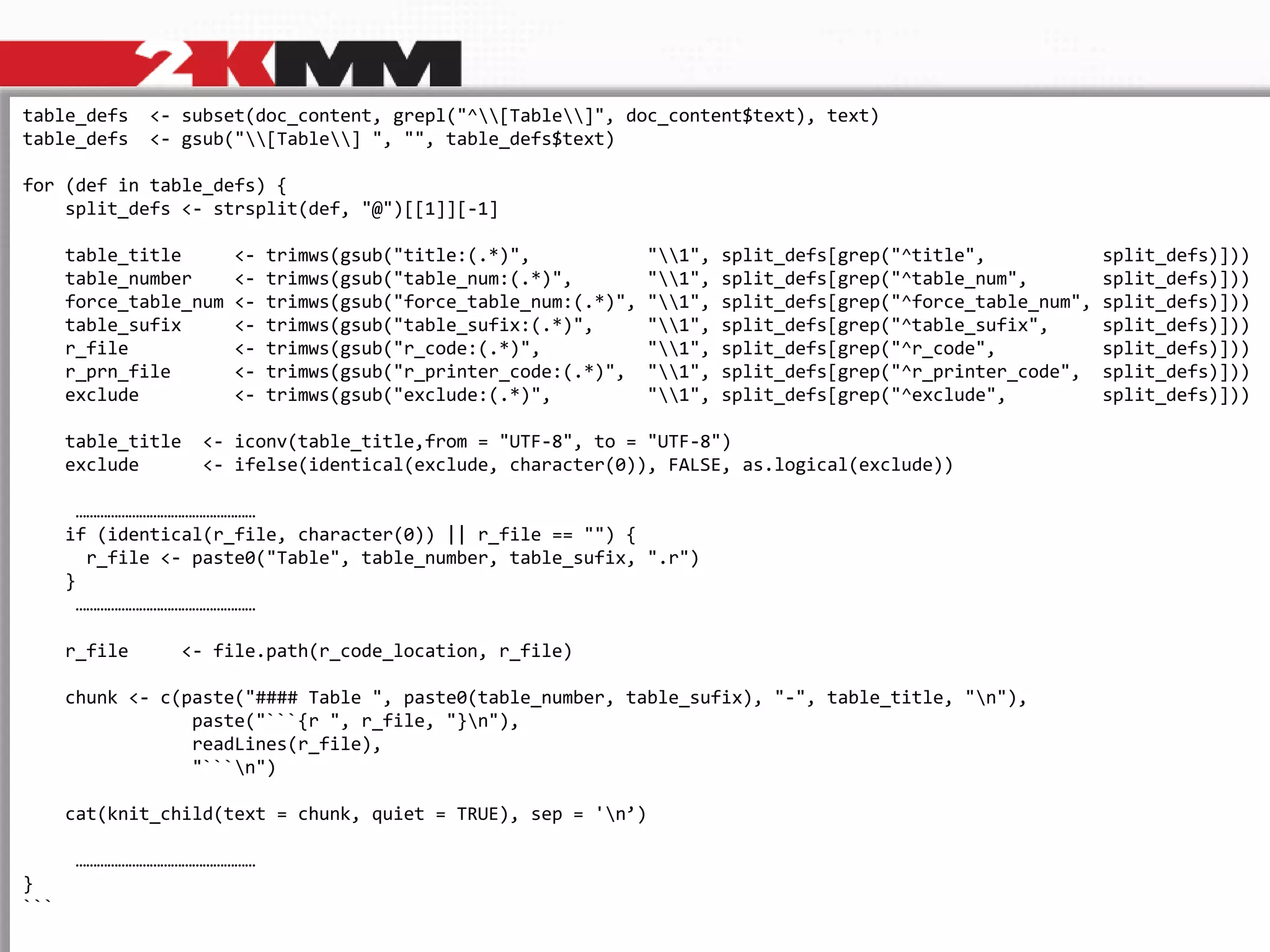 Introduction ► Step 2: Simple, automated template-based workflow
definitions
definitions
Header
Footer
Title
RMarkdown file
- Creates the environment
- Reads the DOCx template
- Loads the Word parsing „engine”
- The engine:
- iterates through definitions of placeholders
- parses the fields,
- loads the R files per convention
- executes the code
- replaces placeholders with actual TFLs
- Auto-updates (appends) the HTML to LOG
library(…)
library(…)
library(…)
…..
…..
…..
….. DOCx reading engine
## Preparing the objects storing the content of the report in both MS Word and MS Excel
formats
```{r}
word_report_document_name <- paste0(target_report_document_name, ".docx")
excel_report_document_name <- paste0(target_report_document_name, ".xlsx")
word_report_template_name <- paste0(target_report_document_name, "_template.docx")
doc_report <- read_docx(word_report_document_name)
doc_content <- docx_summary(doc_report)
xls_report <- createWorkbook()
```
# Data analysis
```{r child="rendering_engine.rmd", echo=TRUE, results='asis'}
```
```{r}
print(doc_report, target = word_report_document_name)
saveWorkbook(wb = xls_report, file = excel_report_document_name, overwrite = TRUE)
```
table_defs <- subset(doc_content, grepl("^[Table]", doc_content$text), text)
table_defs <- gsub("[Table] ", "", table_defs$text)
for (def in table_defs) {
split_defs <- strsplit(def, "@")[[1]][-1]
table_title <- trimws(gsub("title:(.*)", "1", split_defs[grep("^title", split_defs)]))
table_number <- trimws(gsub("table_num:(.*)", "1", split_defs[grep("^table_num", split_defs)]))
force_table_num <- trimws(gsub("force_table_num:(.*)", "1", split_defs[grep("^force_table_num", split_defs)]))
table_sufix <- trimws(gsub("table_sufix:(.*)", "1", split_defs[grep("^table_sufix", split_defs)]))
r_file <- trimws(gsub("r_code:(.*)", "1", split_defs[grep("^r_code", split_defs)]))
r_prn_file <- trimws(gsub("r_printer_code:(.*)", "1", split_defs[grep("^r_printer_code", split_defs)]))
exclude <- trimws(gsub("exclude:(.*)", "1", split_defs[grep("^exclude", split_defs)]))
table_title <- iconv(table_title,from = "UTF-8", to = "UTF-8")
exclude <- ifelse(identical(exclude, character(0)), FALSE, as.logical(exclude))
……………………………………………
if (identical(r_file, character(0)) || r_file == "") {
r_file <- paste0("Table", table_number, table_sufix, ".r")
}
……………………………………………
r_file <- file.path(r_code_location, r_file)
chunk <- c(paste("#### Table ", paste0(table_number, table_sufix), "-", table_title, "n"),
paste("```{r ", r_file, "}n"),
readLines(r_file),
"```n")
cat(knit_child(text = chunk, quiet = TRUE), sep = 'n’)
……………………………………………
}
```
 