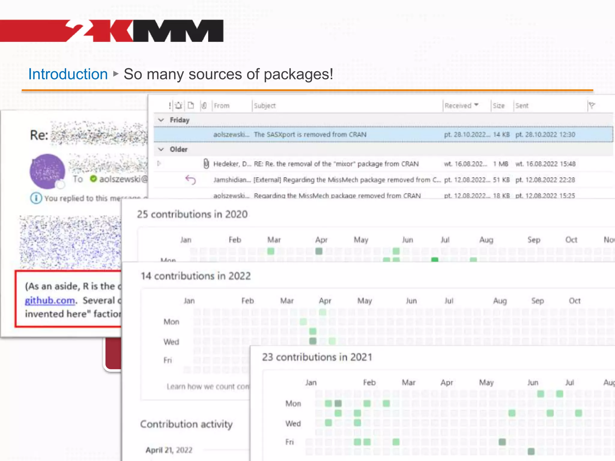 Introduction ► So many sources of packages!
Packages
GitHub
CRAN
CRAN
archive
RForge
External
(PKfit)
Bioconductor
• Versions may differ
• Different ways of
reporting issues
 