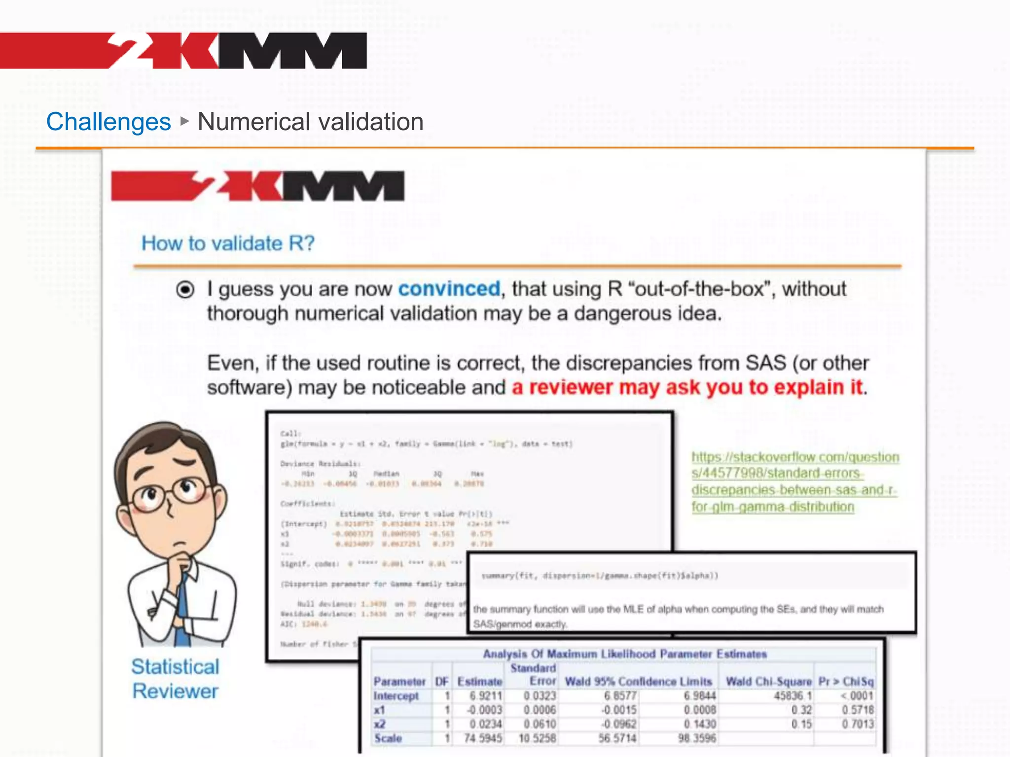 Challenges ► Numerical validation
https://www.researchgate.net/publication/345778861_Numerical_validation_as_a_critical
_aspect_in_bringing_R_to_the_Clinical_Research
 