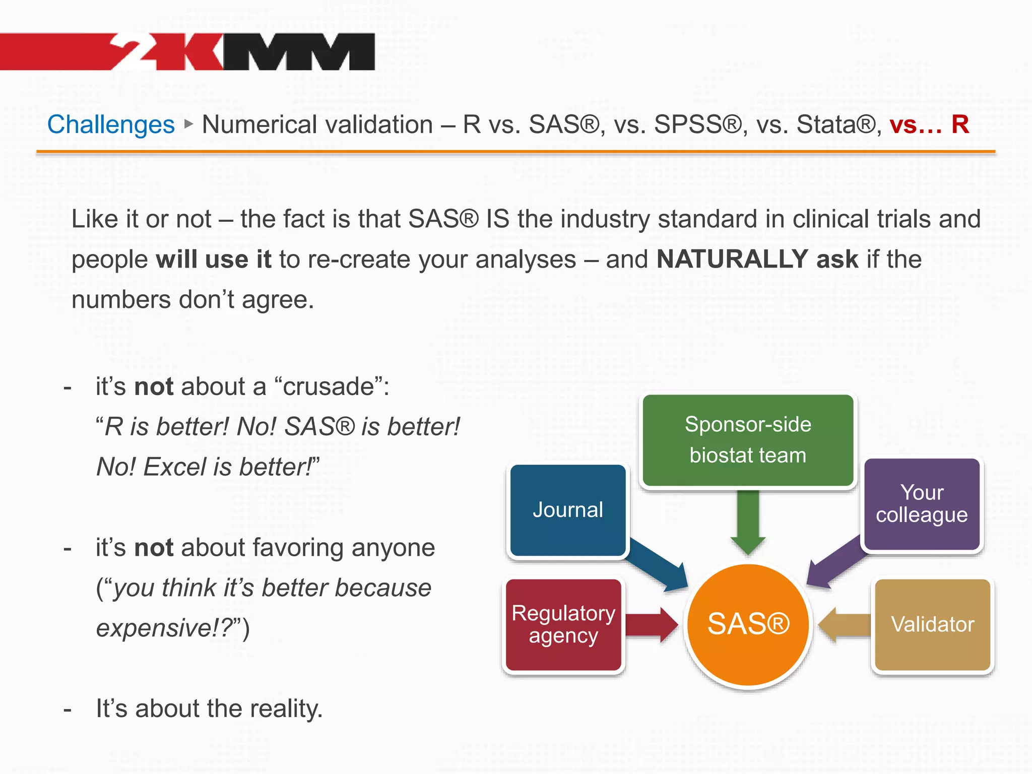 Challenges ► Numerical validation – R vs. SAS®, vs. SPSS®, vs. Stata®, vs… R
Like it or not – the fact is that SAS® IS the industry standard in clinical trials and
people will use it to re-create your analyses – and NATURALLY ask if the
numbers don’t agree.
SAS®
Regulatory
agency
Journal
Sponsor-side
biostat team
Your
colleague
Validator
- it’s not about a “crusade”:
“R is better! No! SAS® is better!
No! Excel is better!”
- it’s not about favoring anyone
(“you think it’s better because
expensive!?”)
- It’s about the reality.
 