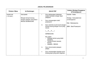 JADUAL PELAKSANAAN

                                                                                              Catatan (Strategi Pengajaran
   Perkara / Masa         Isi Kandungan                        Aktiviti P&P
                                                                                                    & Pembelajaran)
Induksi set         Soal jawab.                   i.     Guru bertanyakan beberapa            Kaedah : Kelas
( 10 minit )                                             soalan berkaitan dengan tajuk
                    Mengisi tempat kosong                pelajaran.                           Strategi : Soal jawab dan
                    dengan jawapan yang betul:–                                               sumbangsaran.
                                                  ii.    Guru menayangkan slaid
                    BEKAS SERBAGUNA                      powerpoint.
                                                                                              Nilai : Bekerjasama.
                                                  iii.   Guru meminta murid-murid mengisi
                                                         tempat kosong dengan huruf yang BBM : Slaid Powerpoint
                                                         sesuai.

                                                         ( __ E __ A __ )

                                                         SERBAGUNA

                                                         Klu soalan.
                                                         - Pelbagai bentuk yang boleh
                                                            dipegang.
                                                         - Tempat simpan sesuatu
                                                            barang.
                                                         - Jawapan : BEKAS

                                                  iv.    Guru merumuskan jawapan
                                                         pelajar.

                                                  v.     Guru menerangkan kepada murid
                                                         tentang tajuk yang akan diajarkan.


                                                                                                                          2
 