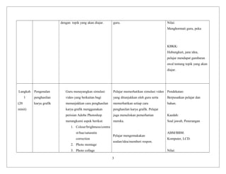 dengan topik yang akan diajar. guru. Nilai:
Menghormati guru, peka
KBKK:
Hubungkait, jana idea,
pelajar mendapat gambaran
awal tentang topik yang akan
diajar.
Langkah
1
(20
minit)
Pengenalan
penghasilan
karya grafik
Guru menayangkan simulasi
video yang berkaitan bagi
menunjukkan cara penghasilan
karya grafik menggunakan
perisian Adobe Photoshop
merangkumi aspek berikut:
1. Colour/brightness/contra
st/hue/saturatin
correction
2. Photo montage
3. Photo collage
Pelajar memerhatikan simulasi video
yang ditunjukkan oleh guru serta
memerhatikan setiap cara
penghasilan karya grafik. Pelajar
juga menuliskan pemerhatian
mereka.
Pelajar mengemukakan
soalan/idea/memberi respon.
Pendekatan:
Berpusatkan pelajar dan
bahan.
Kaedah:
Soal jawab, Penerangan
ABM/BBM:
Komputer, LCD.
Nilai:
3
 
